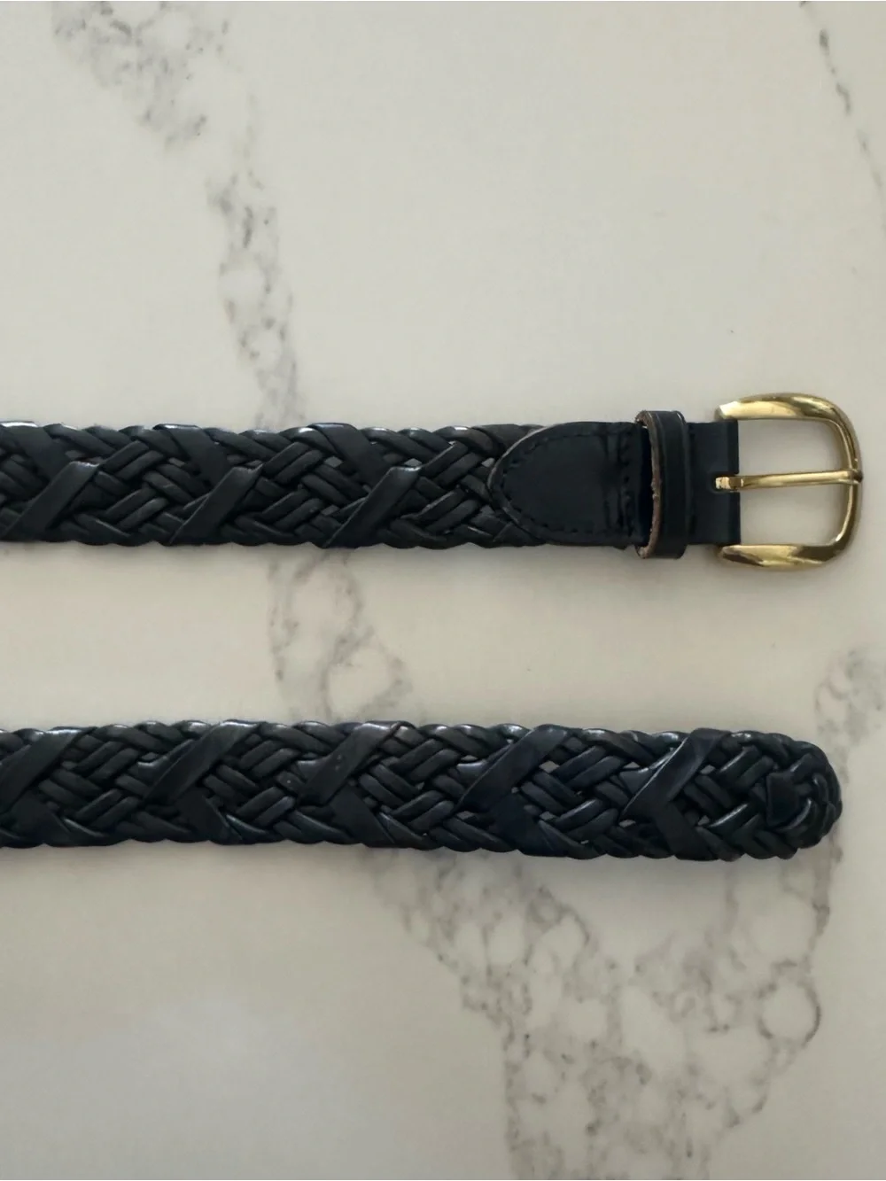 Vintage Talbots Braided Leather Belt Solid Brass Square Buckle Gloss Navy Large